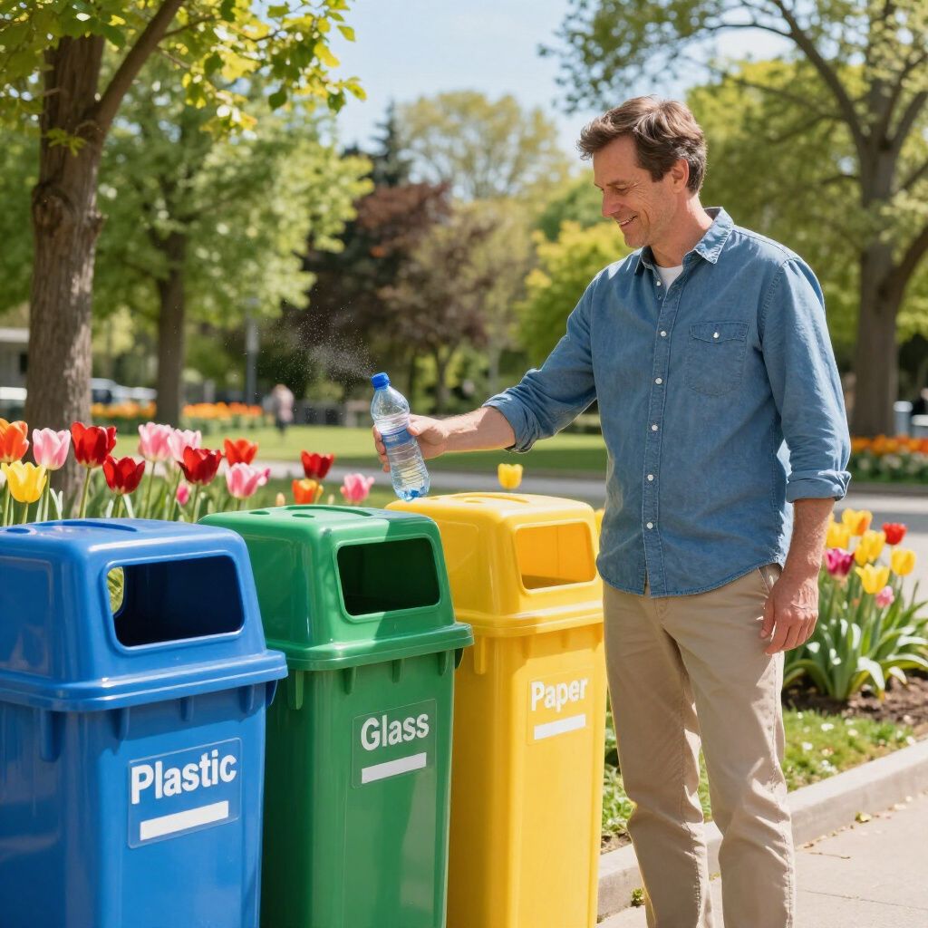 Man placing plastic bottle in recycling bin. Park setting with colorful tulips.