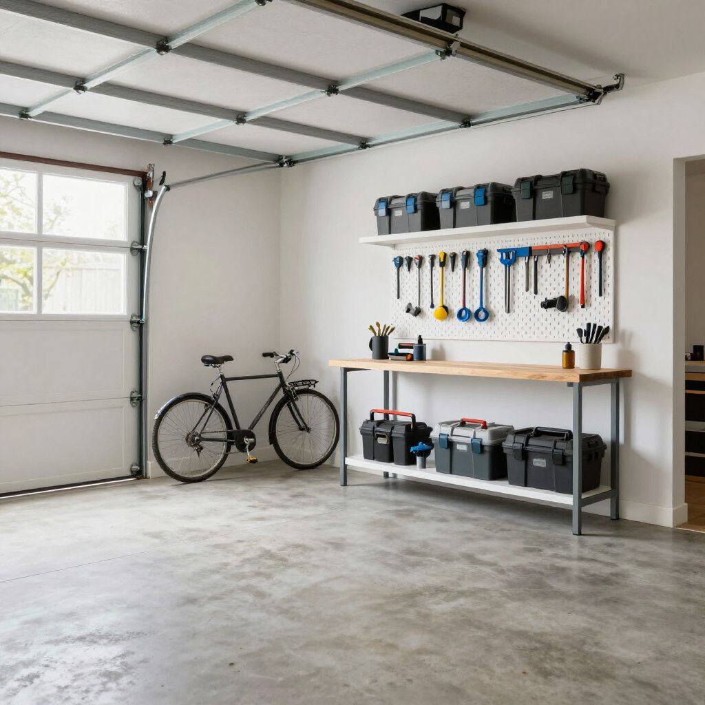A well-organized garage with tools, workbench, and a bicycle.