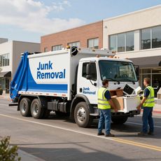 Junk removal truck on a city street. Two workers in vests load items into the truck.
