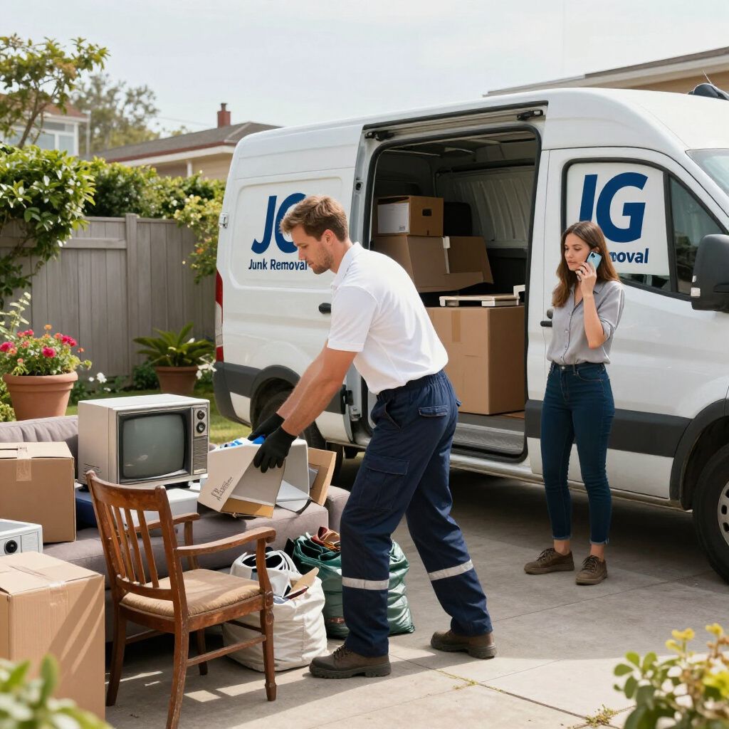 Man loading boxes into a moving van, woman on phone nearby. House in background.