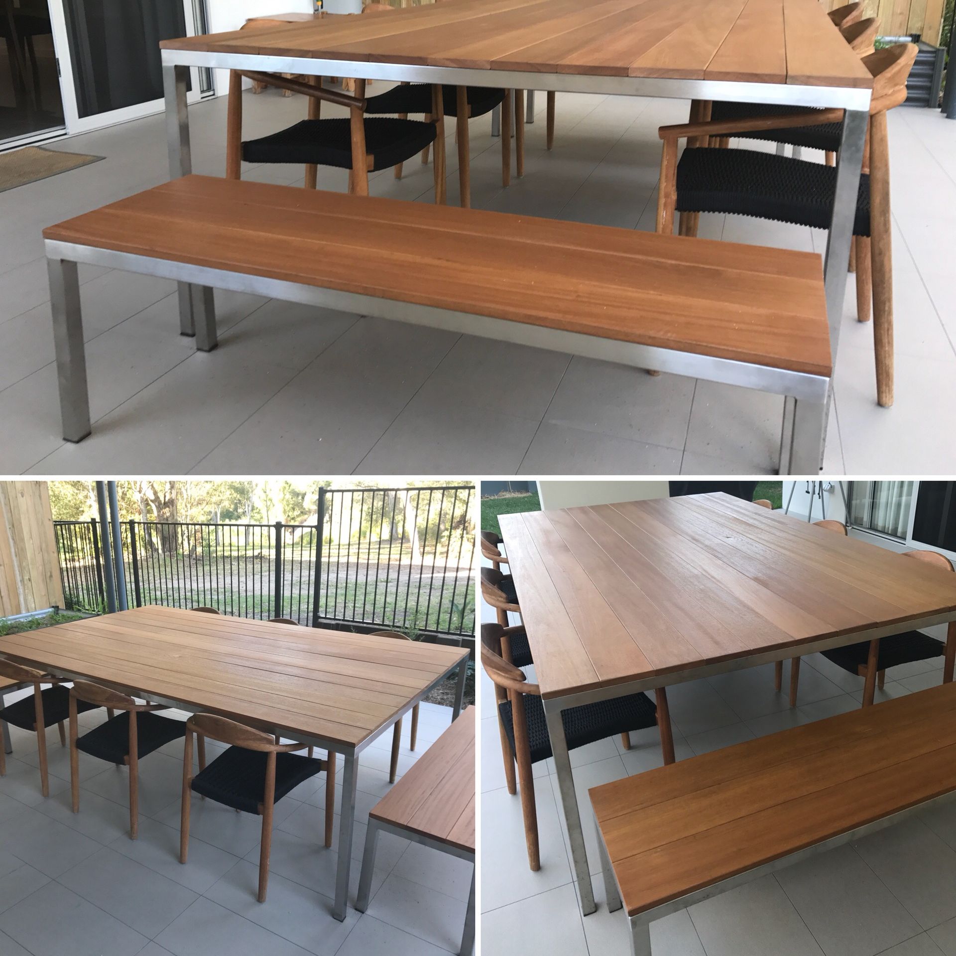 Wooden outdoor picnic table with matching benches on a patio, shown from multiple angles.  — Jensen Welding & Fabrication in Chevallum, QLD