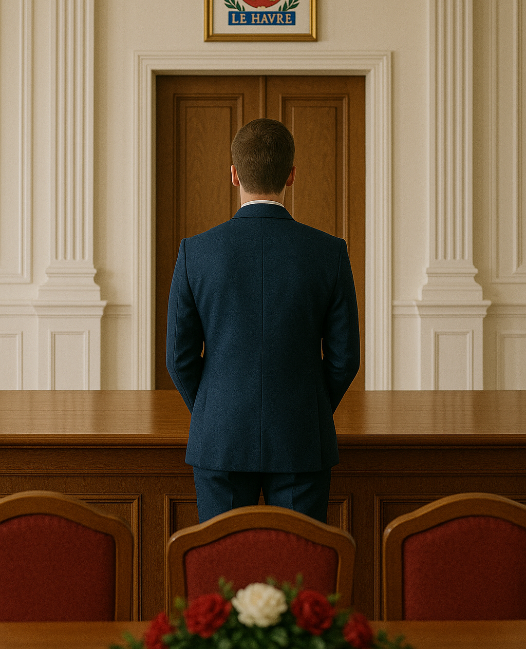 Un homme en costume se tient devant une porte en bois