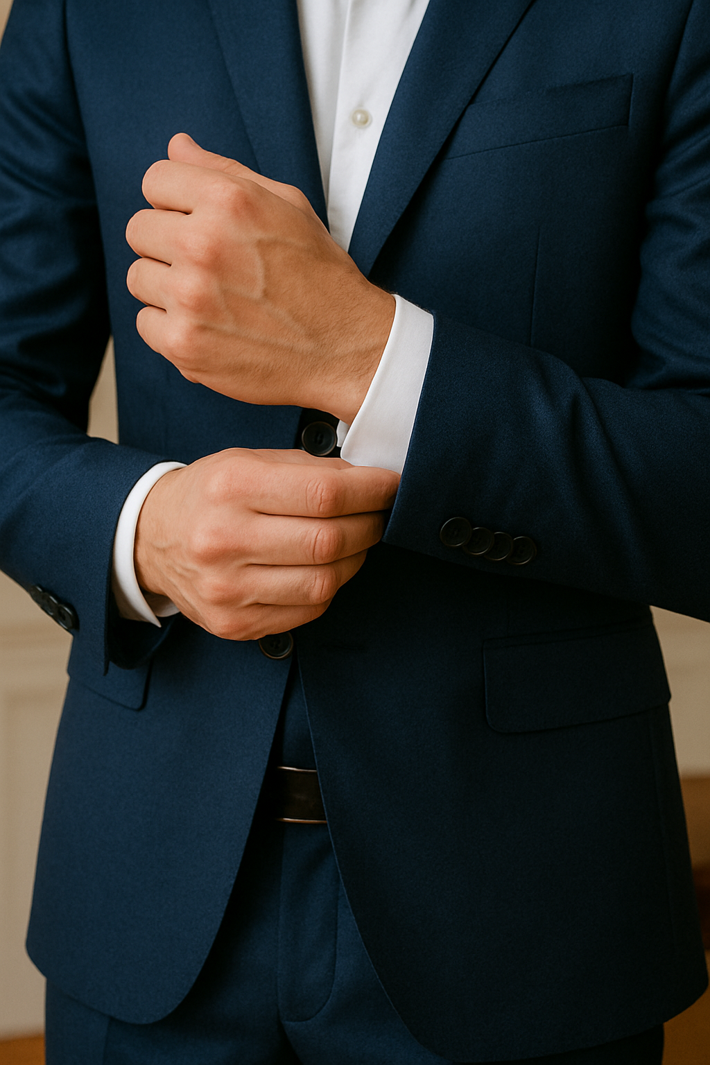 Un homme en costume bleu ajuste ses boutons de manchette.