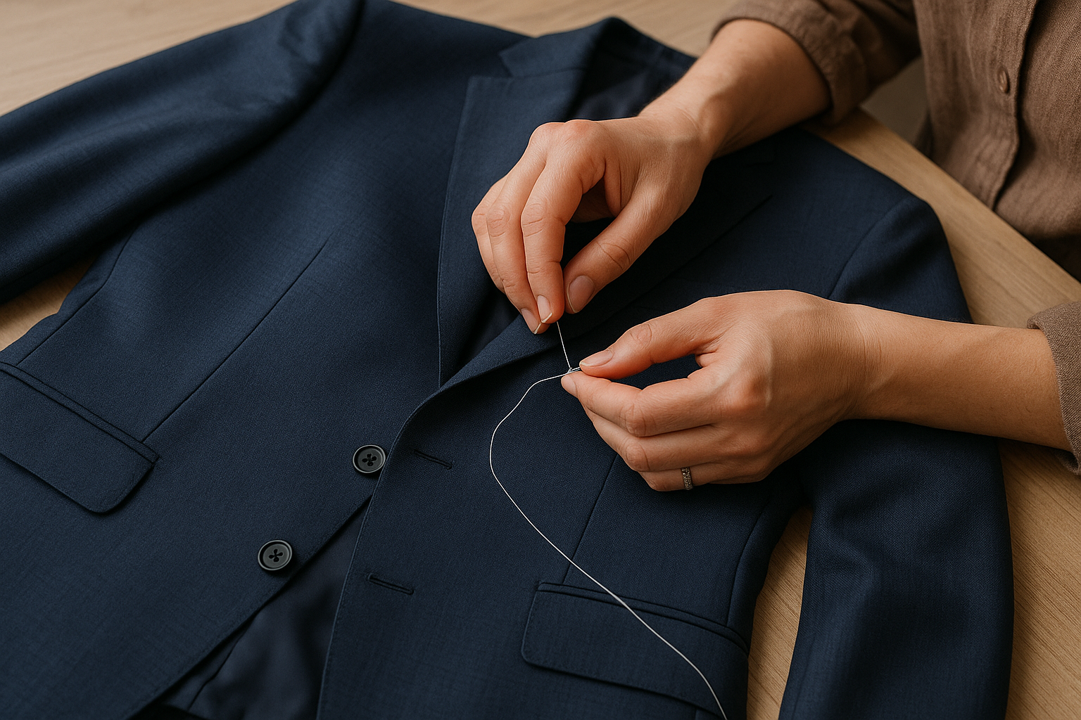 Une personne coud une veste sur une table en bois.