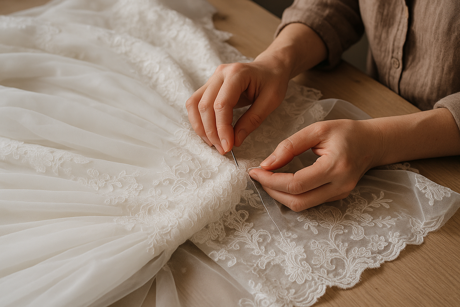 Une femme coud une robe de mariée sur une table.