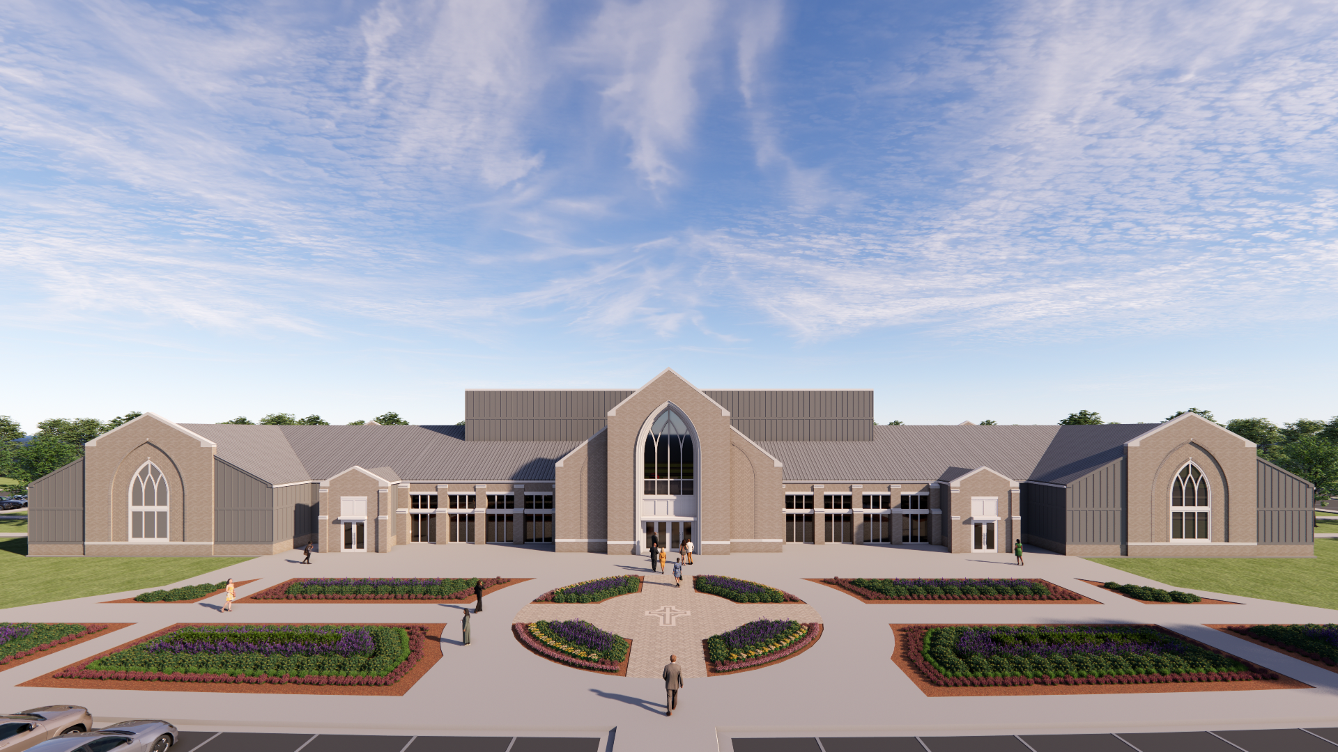 Exterior rendering of a gray brick building with a large arched entrance, landscaped flower beds, and a blue sky.