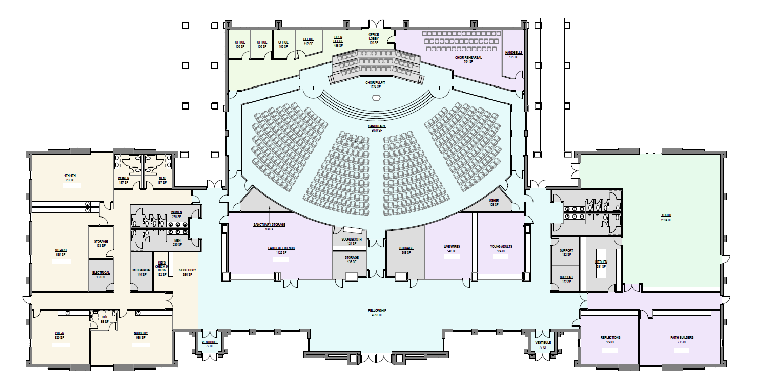Floor plan of a building, with a central auditorium and various rooms around it.