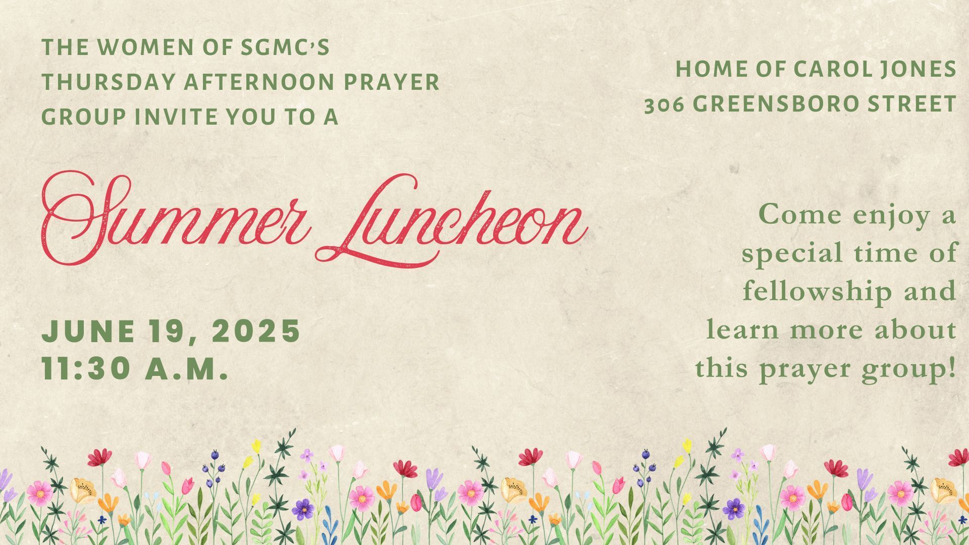 Summer Luncheon for Thursday Women's Prayer Group welcomes all