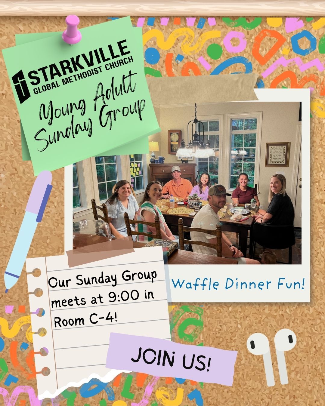 A poster for a young adult sunday group with a picture of a group of people sitting at tables.