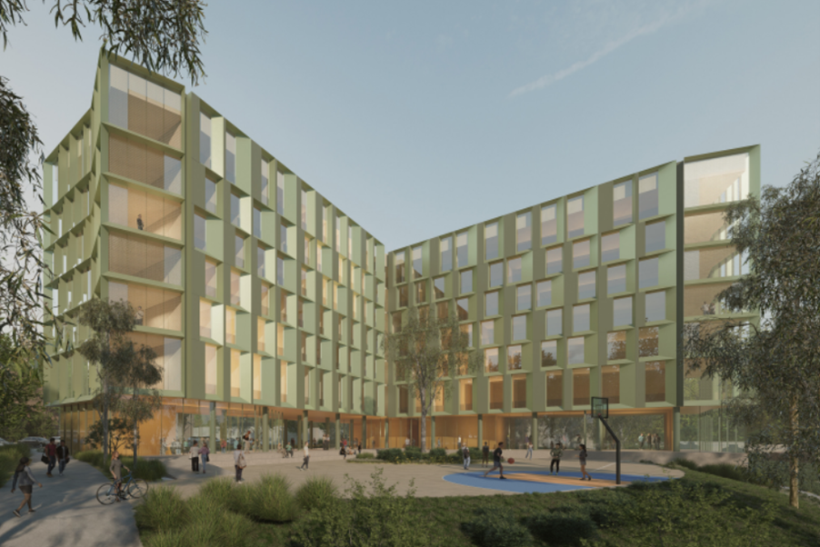 Rendering of a light green, multi-story building with large windows and a courtyard with people.
