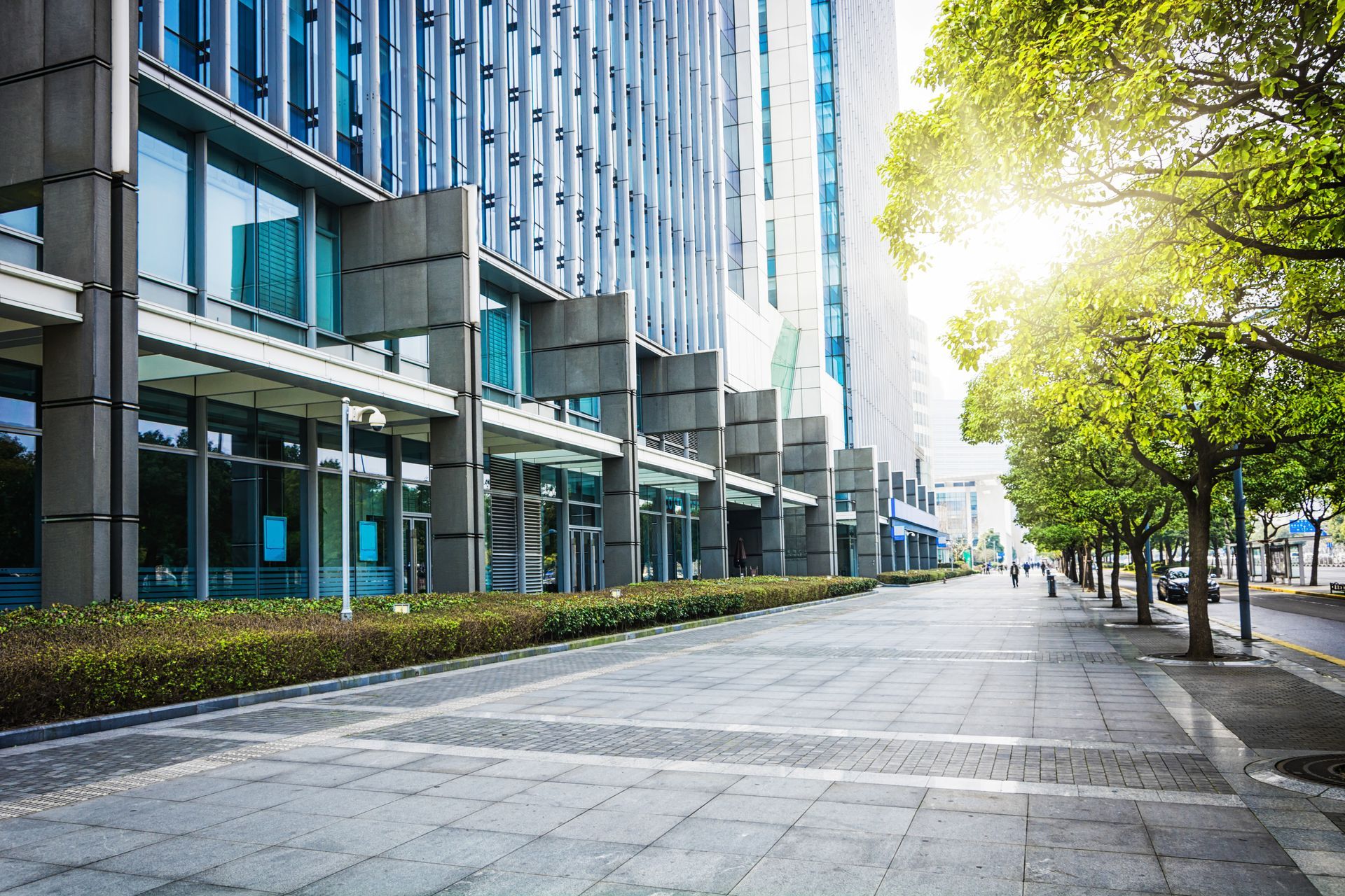 Modern office building exterior with sidewalk, trees, and bright sunlight.