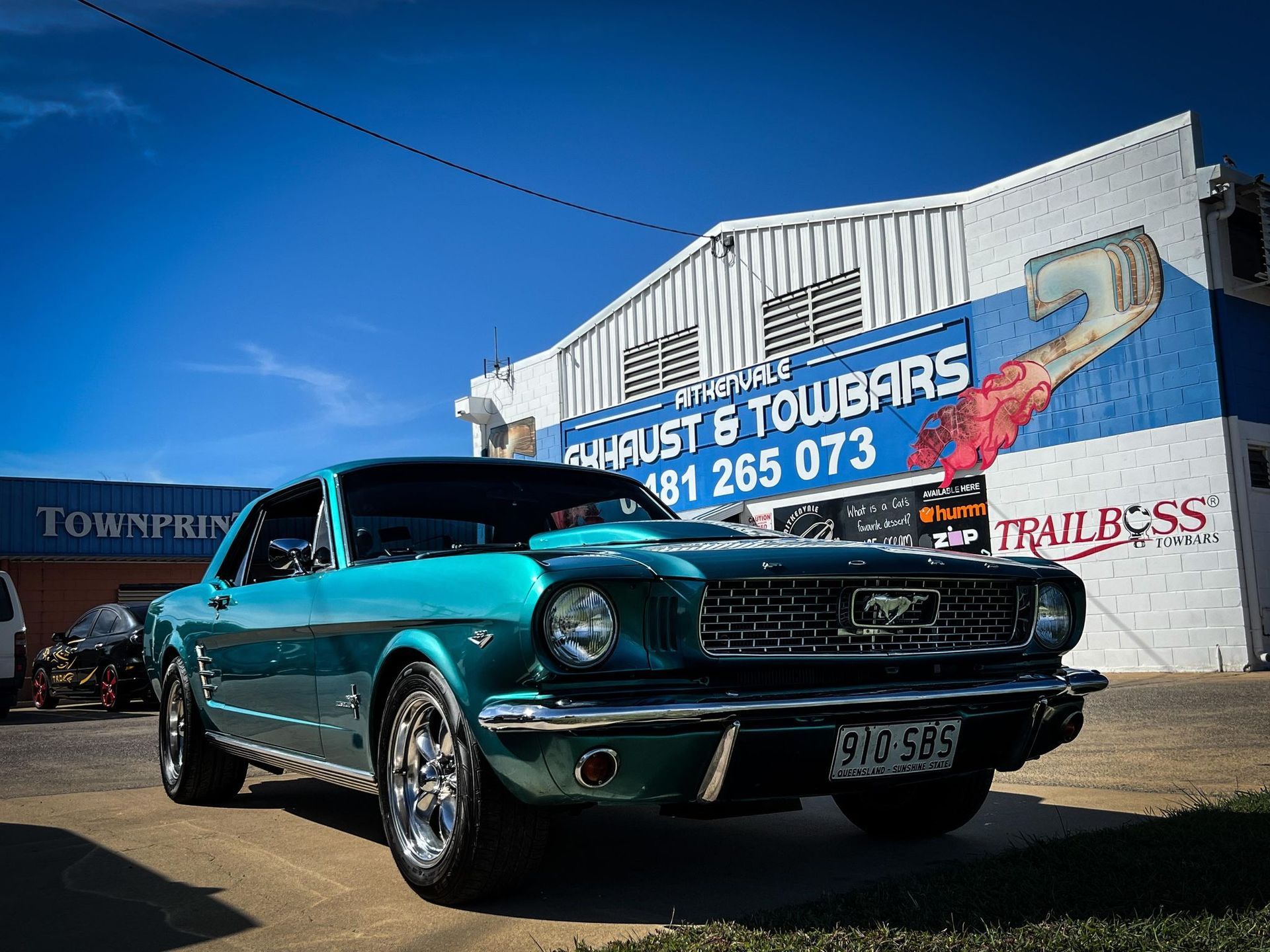 Teal Classic Ford Mustang Parked — Aitkenvale Exhausts & Towbars Pty Ltd In Aitkenvale, QLD