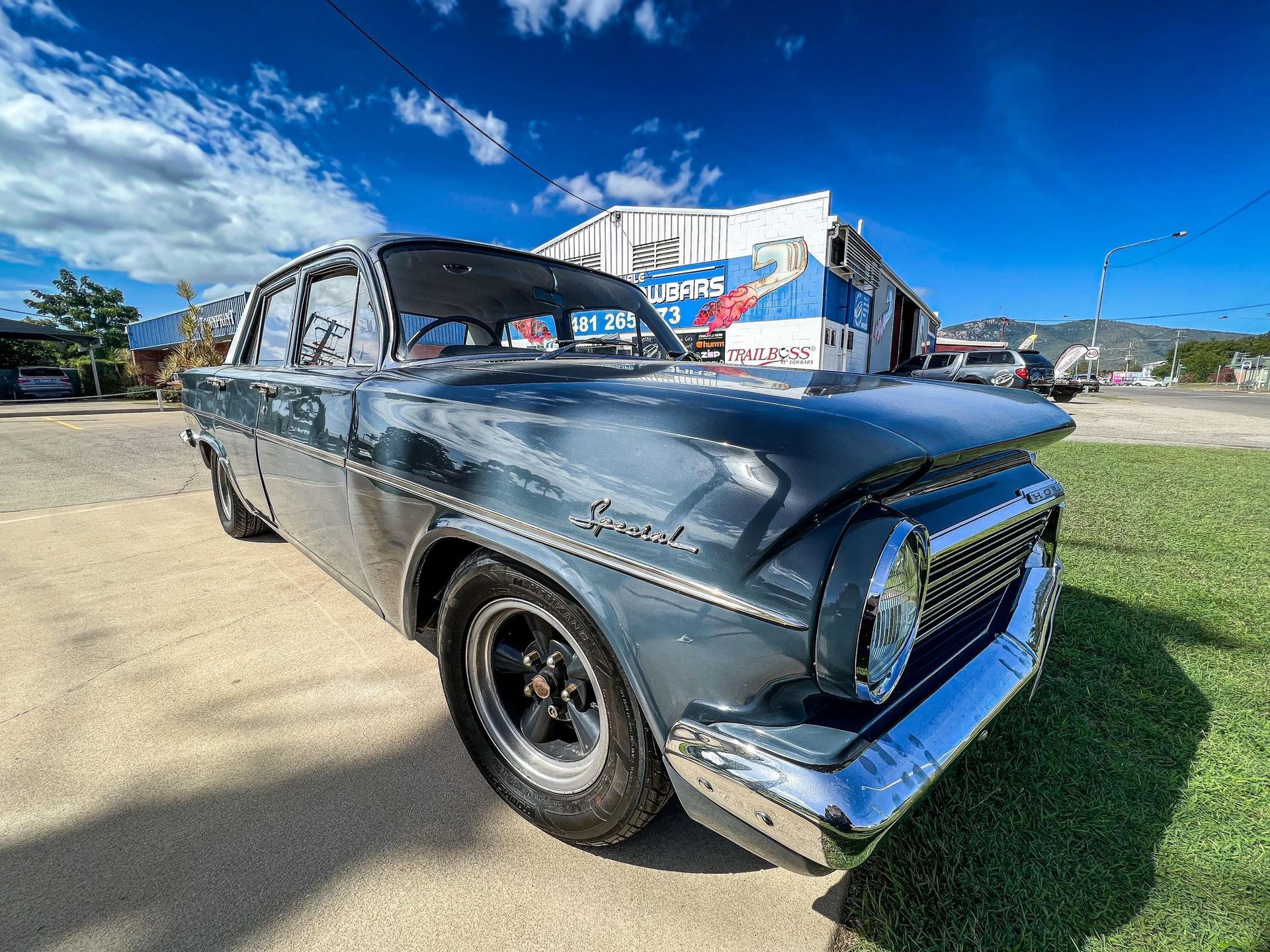 Classic Blue Vintage Car Parked Outdoors — Aitkenvale Exhausts & Towbars Pty Ltd In Aitkenvale, QLD