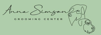 Logo per Anna Simson Grooming Center, con testo scritto a mano e disegno a tratteggio di due cani su sfondo verde.
