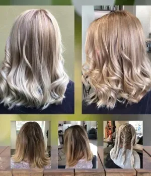 In einer Collage werden die Haare einer Frau aus verschiedenen Blickwinkeln gezeigt.