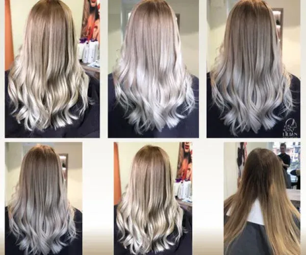 Eine Collage aus Fotos der Haare einer Frau vor und nach einem Haarschnitt.