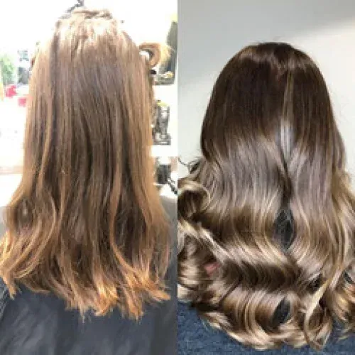 Ein Vorher-Nachher-Foto der Haare einer Frau.