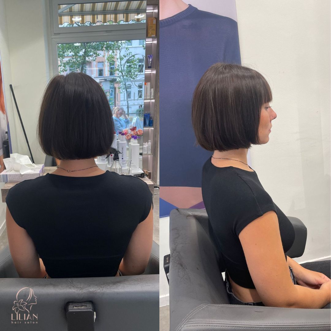 Ein Vorher-Nachher-Foto einer Frau beim Haareschneiden