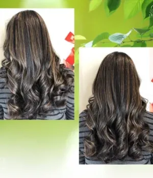 Zwei Bilder von Frauenhaaren mit grünem Hintergrund