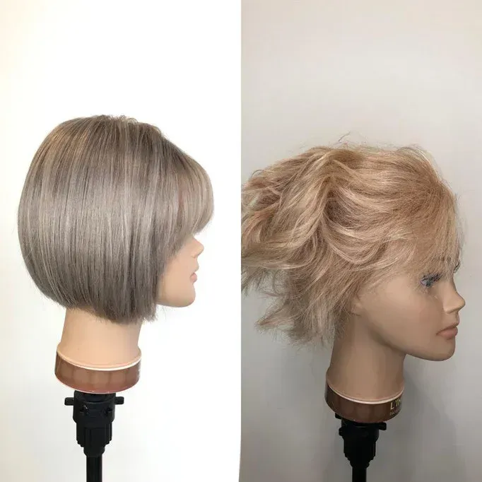 Ein Vorher-Nachher-Bild eines Schaufensterpuppenkopfes mit blonden Haaren.