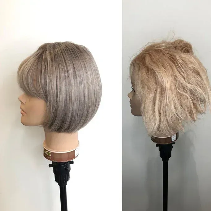 Ein Vorher-Nachher-Bild eines Schaufensterpuppenkopfes mit kurzen Haaren.
