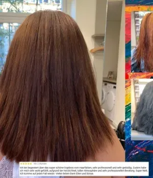 Gezeigt werden die Haare einer Frau vor und nach dem Färben.