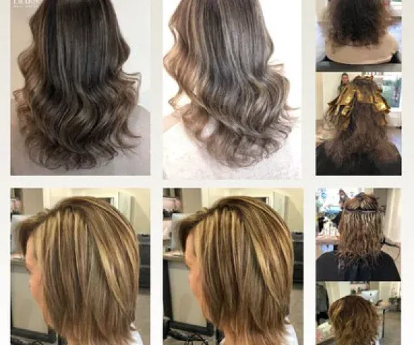 Eine Collage aus Bildern der Haare einer Frau vor und nach einem Haarschnitt.