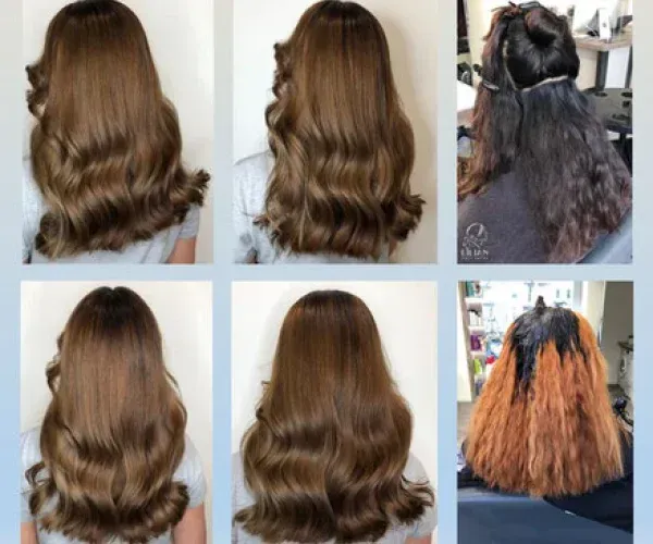 Eine Collage aus Fotos der Haare einer Frau vor und nach dem Färben