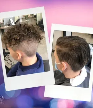 Ein Mann mit lockigem Haar und ein Mann mit rasiertem Kopf