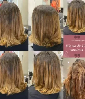 Eine Collage aus Fotos der Haare einer Frau in einem Salon.