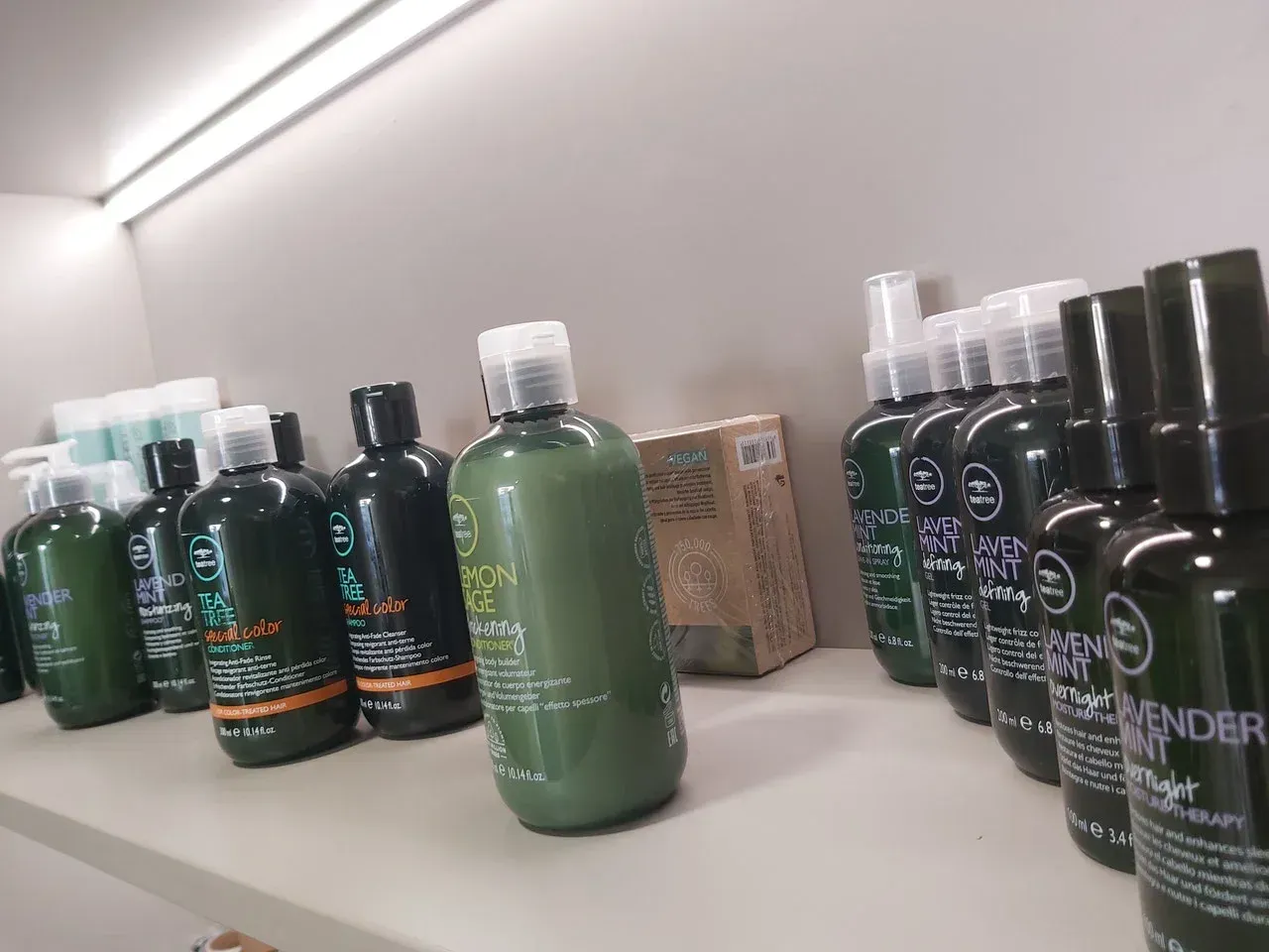 Auf einem Regal stehen mehrere Flaschen Shampoo und Spülung.