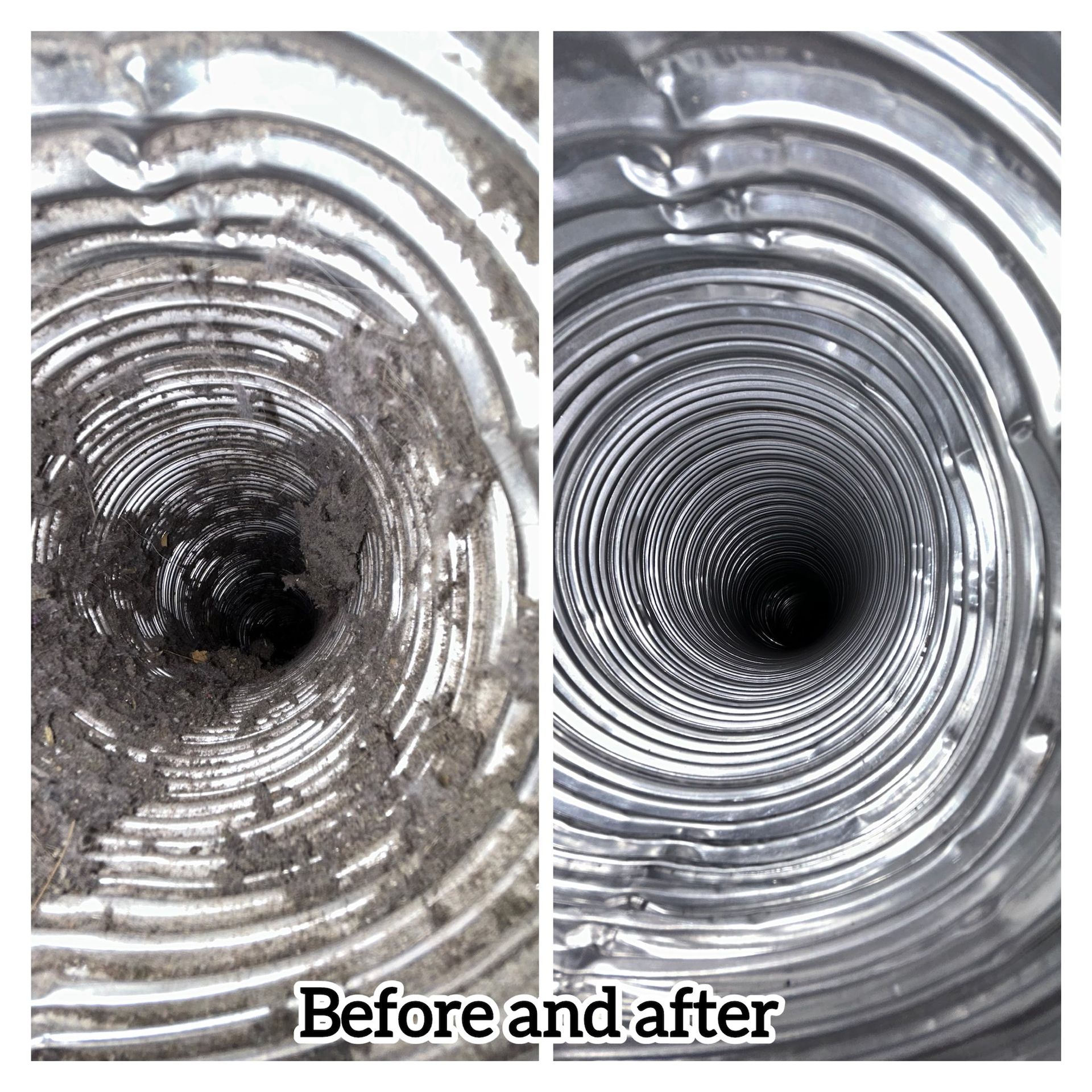 Image shows a dirty dryer vent before and after cleaning. The