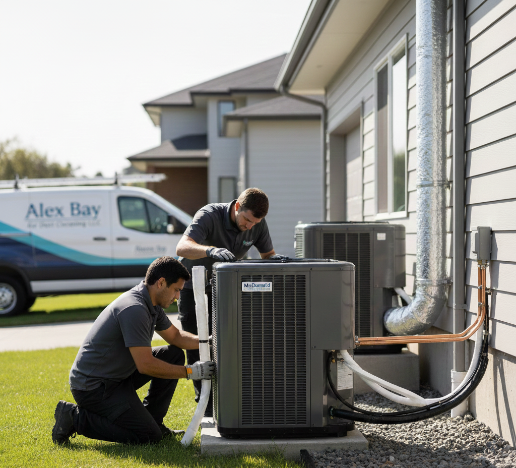 Two men in gray shirts installing an AC unit next to a house; a van with