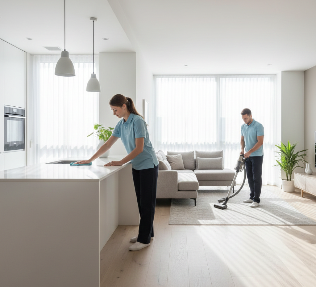 Two people cleaning a modern living space; one wiping a countertop, the other vacuuming a rug.