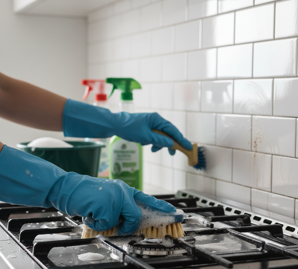 Hands in blue gloves scrubbing a stove and tile backsplash with a brush; cleaning supplies visible.