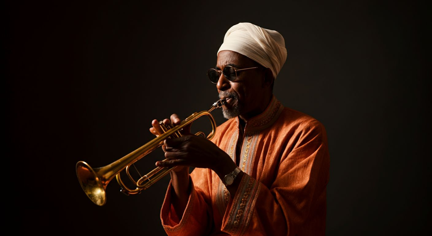 A man is playing a trumpet in a dark room.