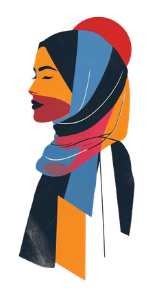 A drawing of a woman wearing a scarf and a hat