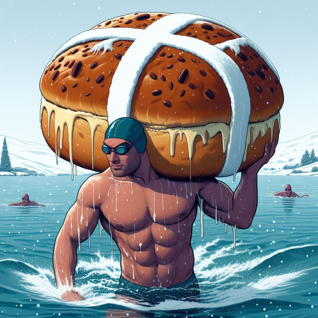 A man in the water is carrying a large hot cross bun on his head