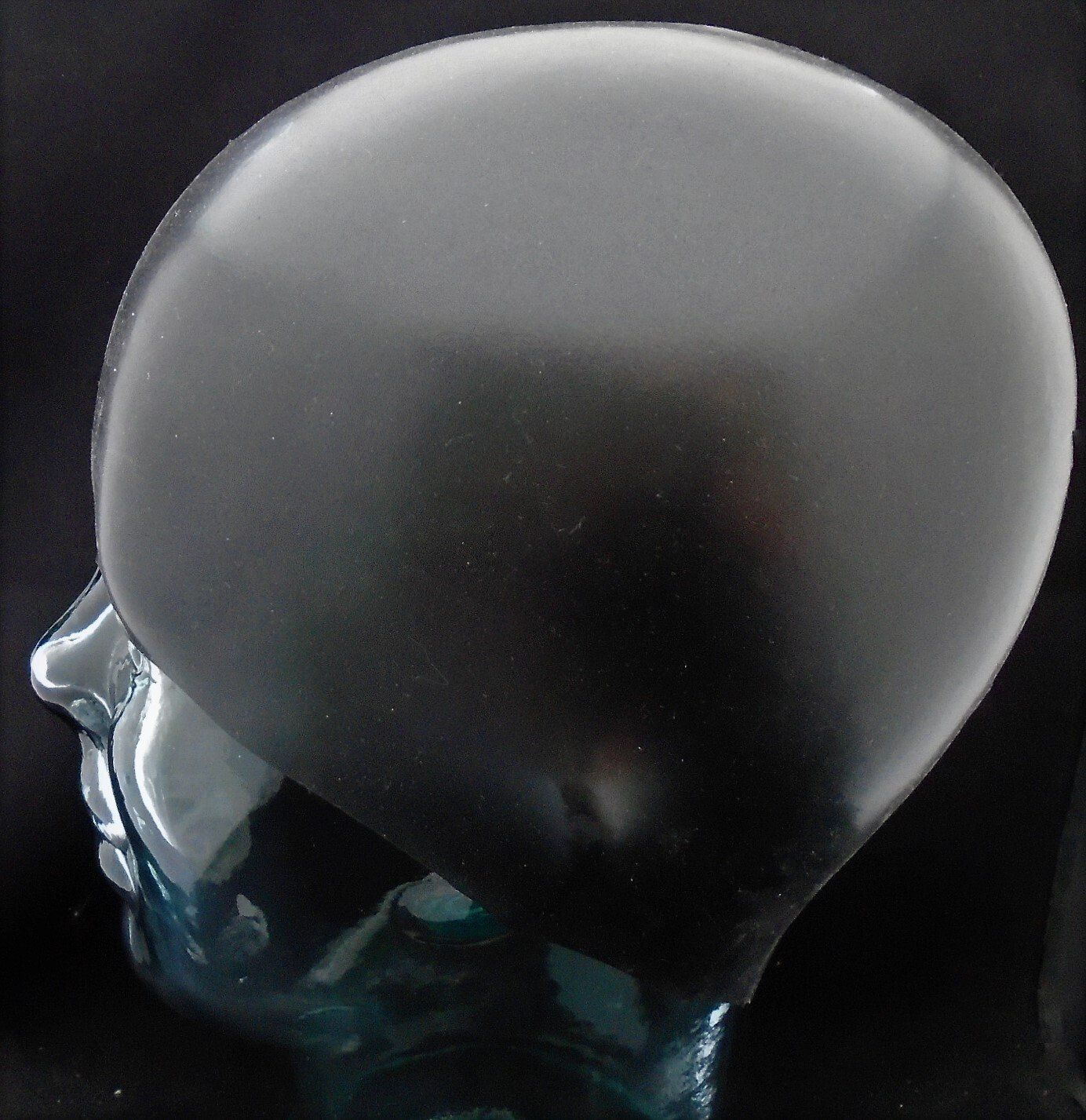 A clear plastic head with a black background