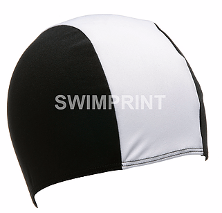 A black and white swim cap that says swimprint on it