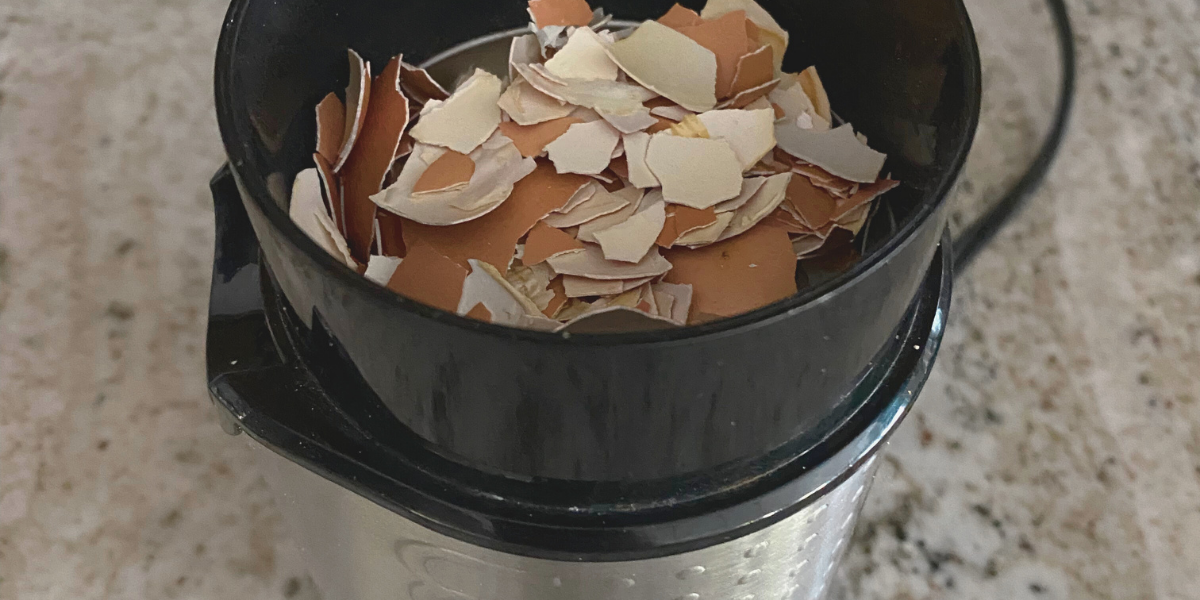 Eggshells in a black bowl of a grinder, on a speckled countertop.