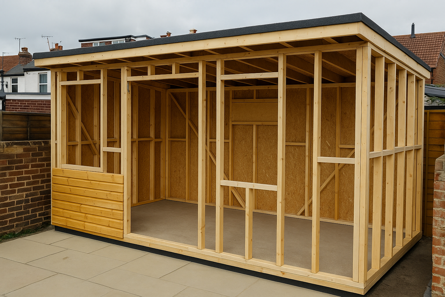 A wooden shed is being built in a backyard.