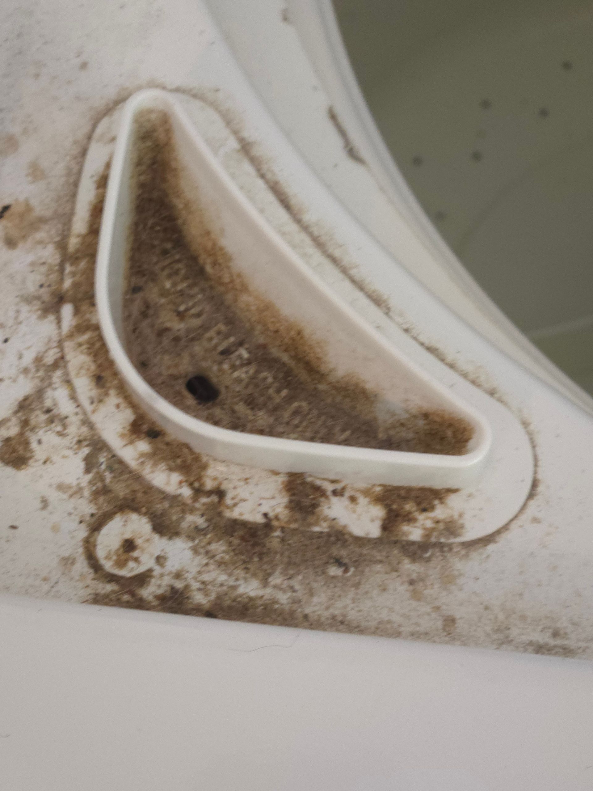 Close-up of a dirty white plastic part, possibly from a washing machine. A small compartment has visible debris.