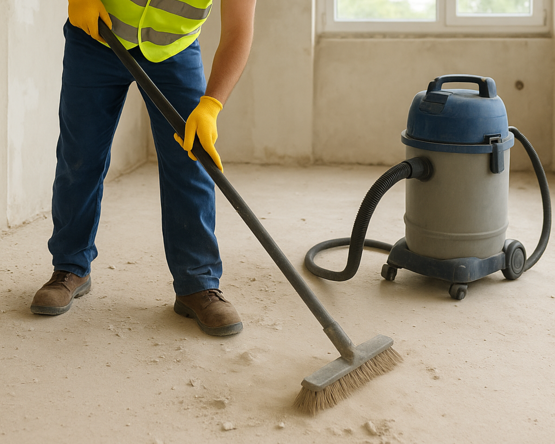 Construction worker sweeping debris with a broom towards a vacuum in a room.