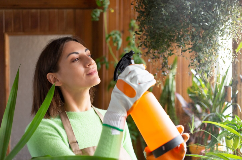 Woman spraying plants with an orange bottle; plants fill a window with warm light.