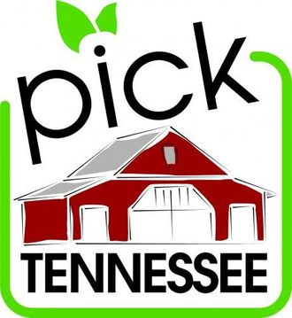 Pick Tennessee logo with a red barn and green leaves on a white background