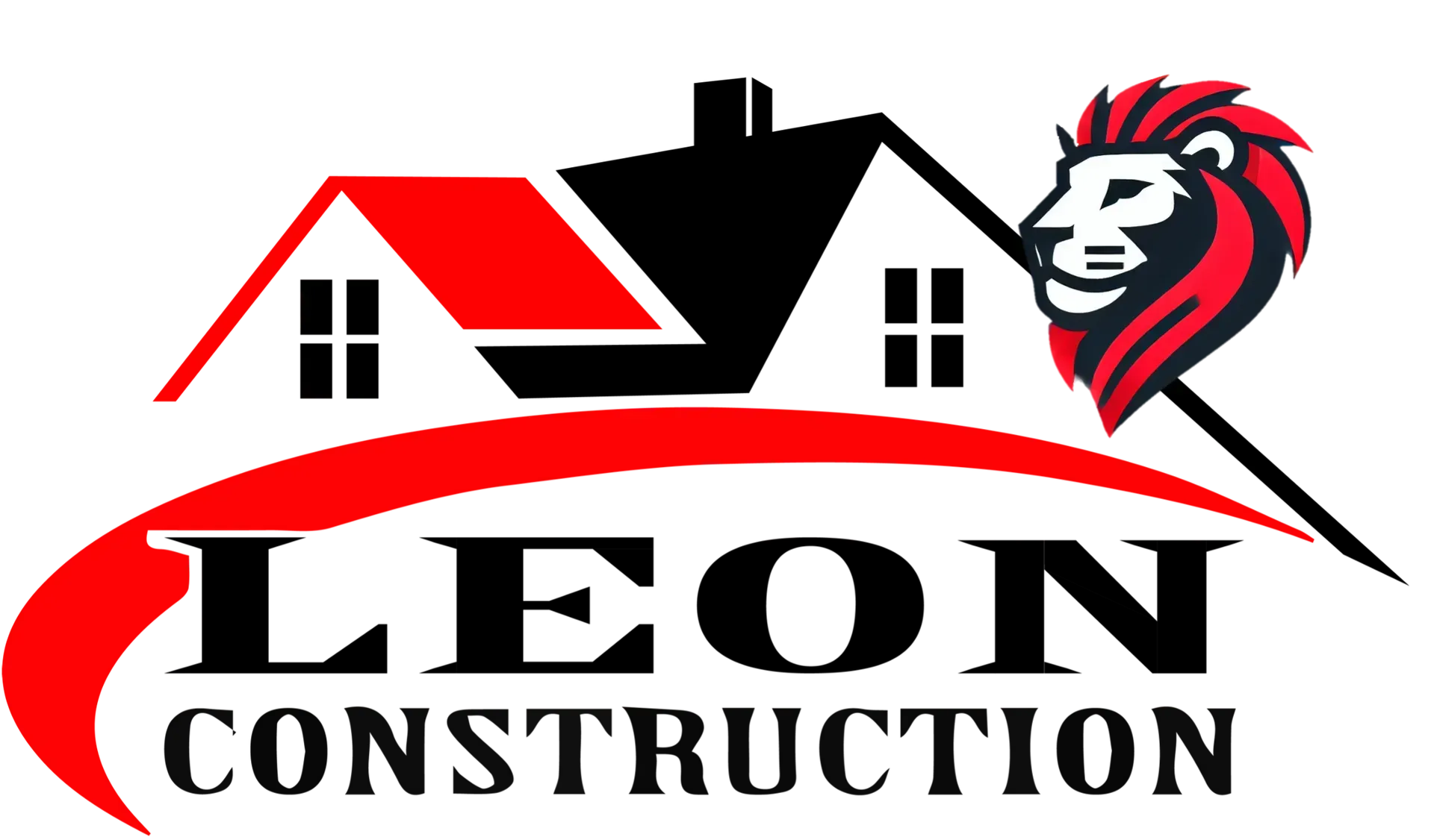 Logo for Leon Construction: a house silhouette, red and black, with the company name in black over a red arc.