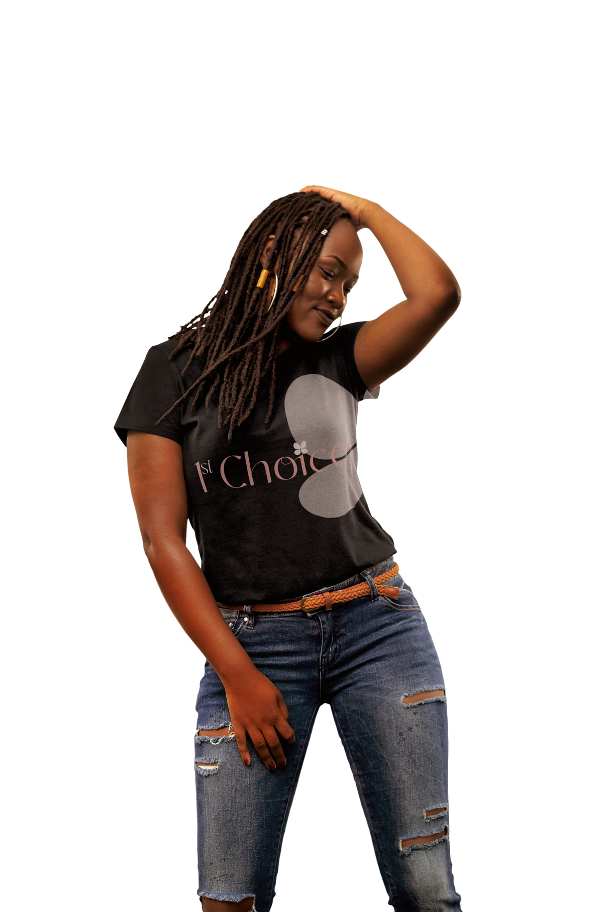 A woman wearing a black t-shirt with the word choir on it