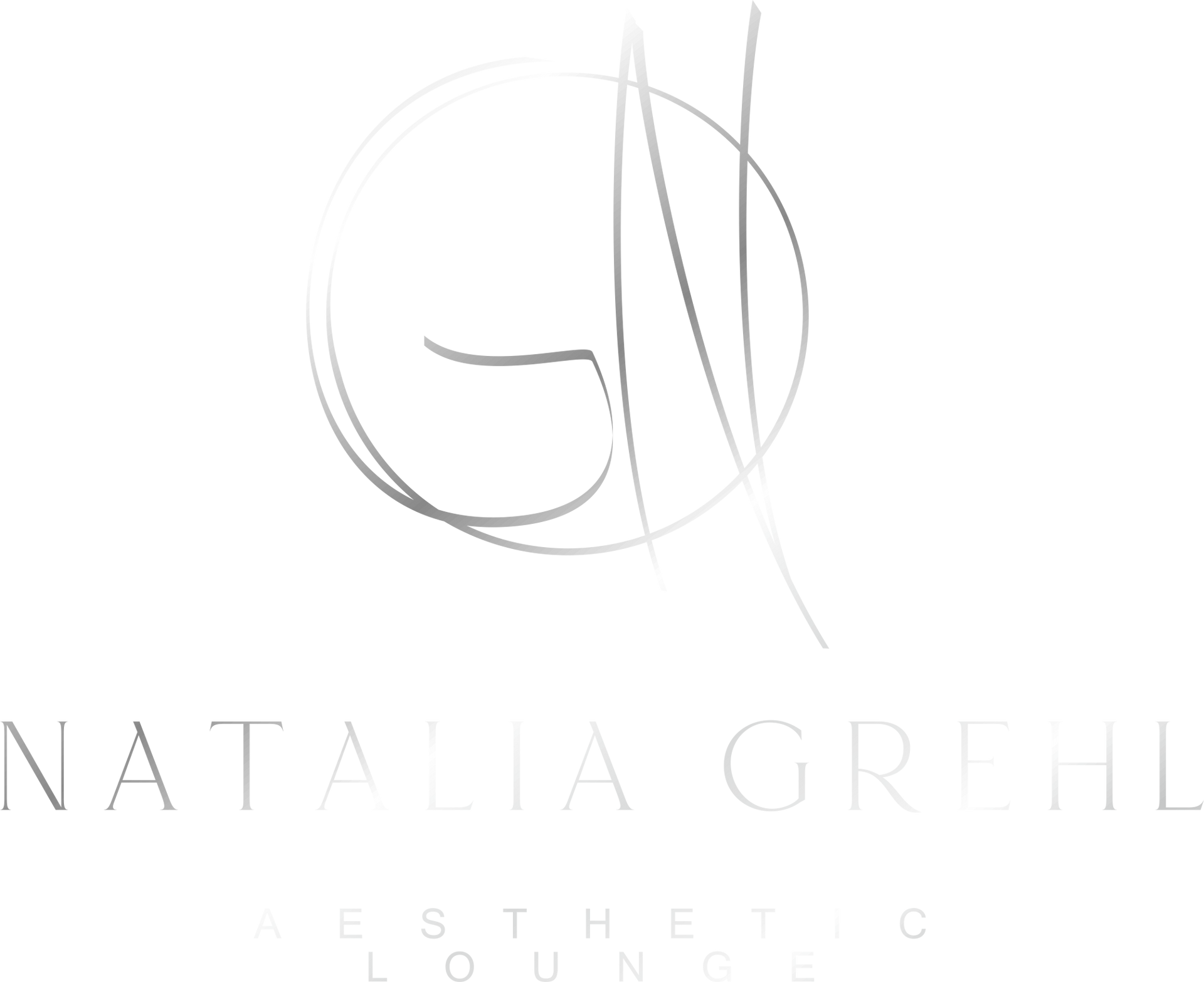 Minimalistisches schwarz-weißes Logo mit stilisiertem kreisförmigem Monogramm und dem Namen „NATALIA GRELL“.