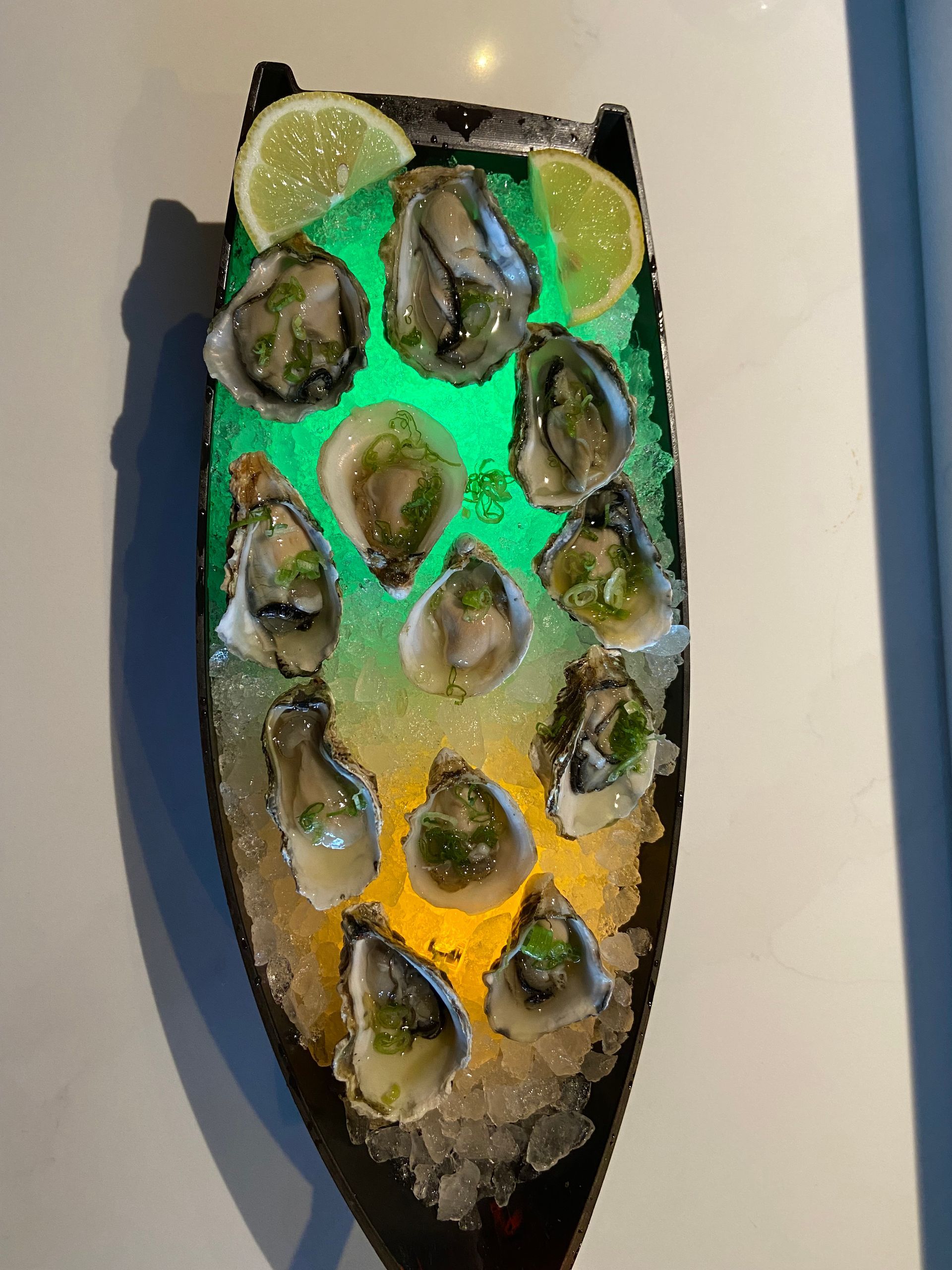 Oysters in a plate on ice with a green light behind them | Cherry Hill, NJ | Mikado
